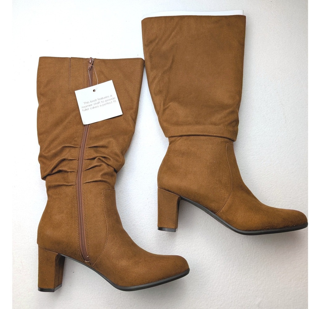 LifeStride Maltese Wide Calf Cognac Brown Faux Suede Slouch Boots 8M New